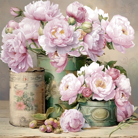 Servilletas 33x33 cm - Romantic Peony Cans, Vintage,  Flores,  Rosas