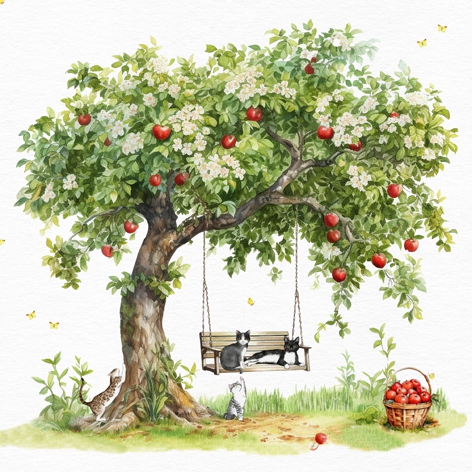 Servietten 33x33 cm - Feline Summer, Apfelbaum,  Apfel,  Schaukel,  Katzen,  Äpfel,  Pflanzen,  Tiere,  Früchte