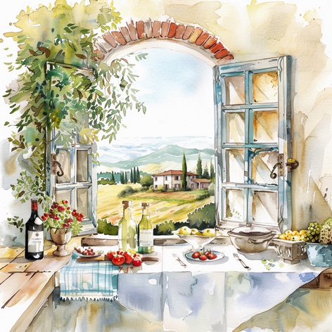 Servietten 33x33 cm - Cucina con Vista, Toskana,  Fenster,  Küche,  Essen,  Wein,  Italien,  Sekt,  Länder