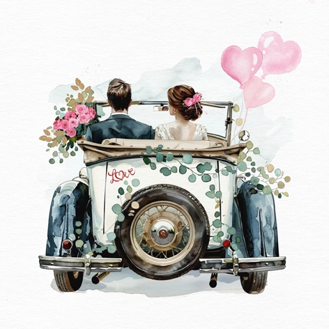 Servilletas 33x33 cm - Journey into Happiness, Matrimonio,  San Valentín,  Corazones,  Coche de época,  Luna de miel,  Boda,  Amor,  Coches,  Eventos,  Vehículos