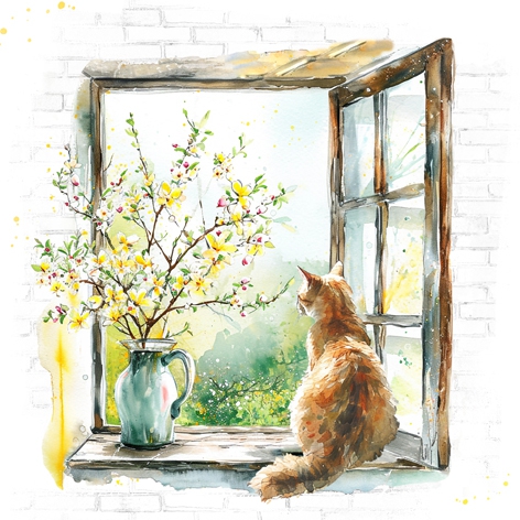Servietten 33x33 cm - Aspettando la Primavera, Fenster,  Haus,  Garten,  Zweige,  Katzen,  Blumen,  Frühjahr,  Tiere,  Frühling